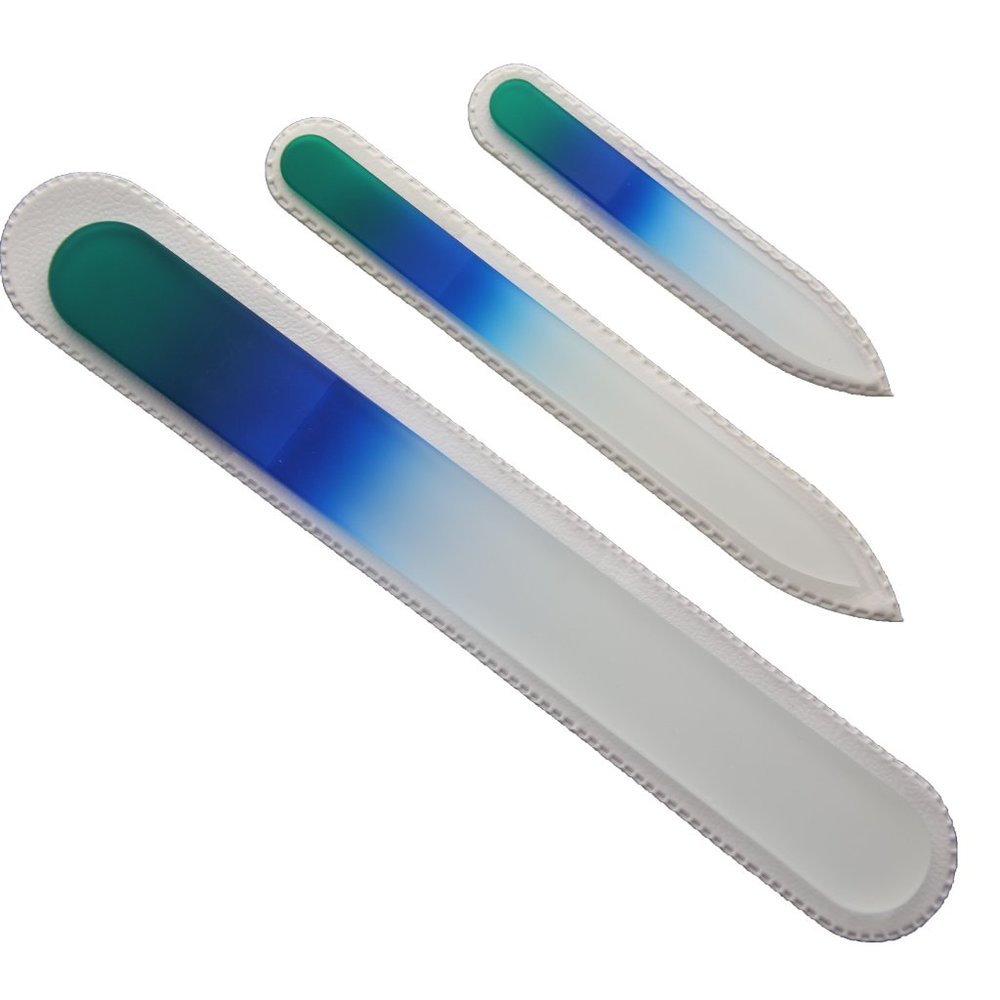 3 Pc Czech Etched Crystal Glass GreenBlue File Set